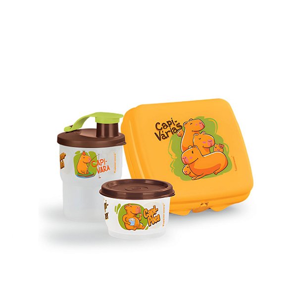 Kit Tupperware Capivaras Copo + Porta Sanduiche + Potinho 3 peças