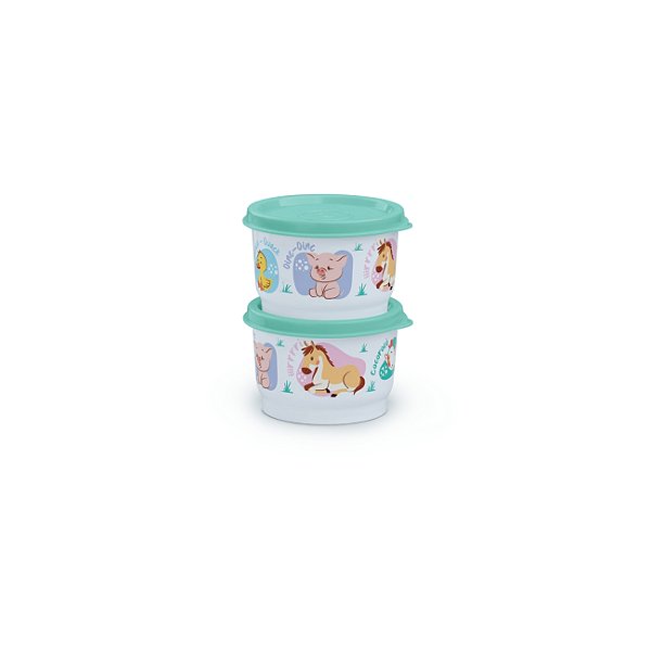 Kit Tupperware Potinho Baby Fazendinha 140ml Branco e Verde 2 peças