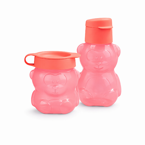 Kit Garrafa Tupperware Eco Kids 350ml + Tupper Pote Urso 300ml Rosa Coral