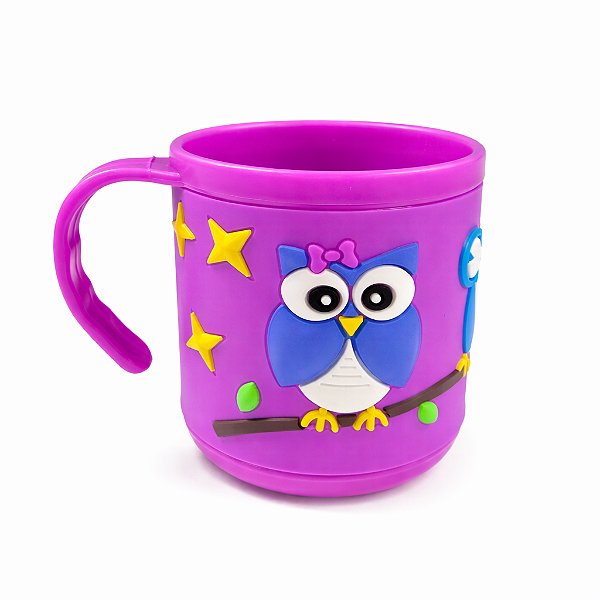 Caneca Infantil Coruja Emborrachada Alto Relevo 3D 200ml Roxo Fúcsia