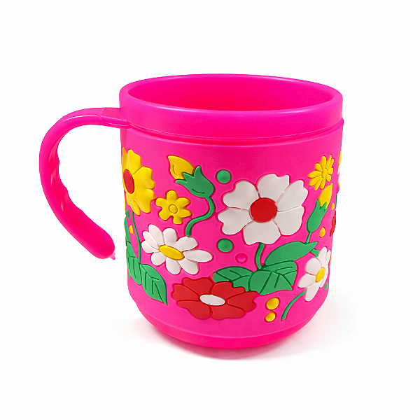 Caneca Infantil Flores Emborrachada Alto Relevo 3D 200ml Rosa Pink