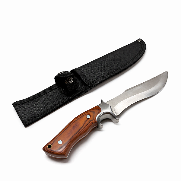 Faca Bowie de Caça Cabo Madeira Lâmina Curvada Full Tang Aço Inox