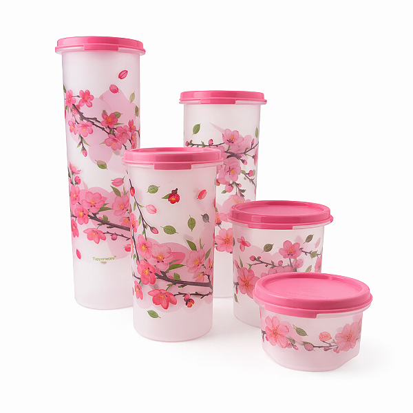 Tupperware Kit Modular Redondo Flor de Cerejeira Rosa 5 peças