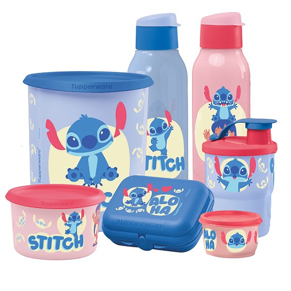 Kit Tupperware Disney Stitch Ohana 7 peças Rosa e Azul