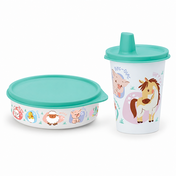 Kit Tupperware Copinho com Bico 200ml + Pratinho 500ml Baby Fazendinha 2 peças