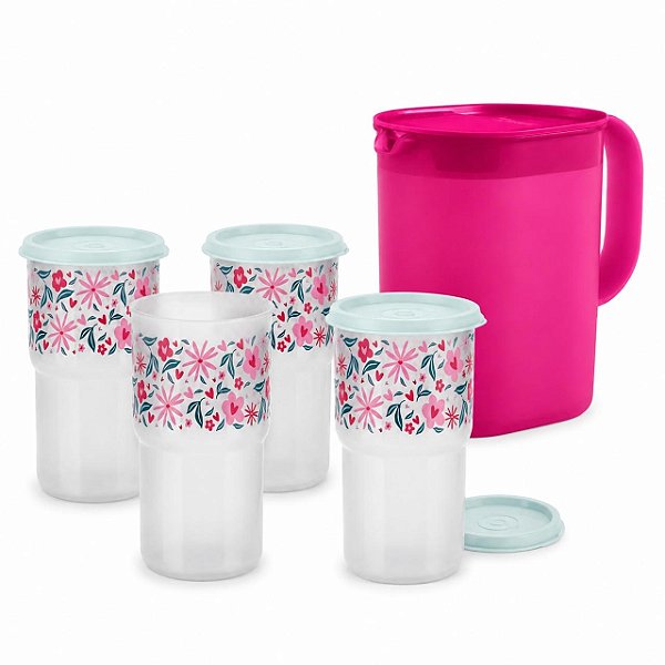 Kit Tupperware Jarra Ideal Rosa Beijo 1,1 litro + Copos Colors Pétalas 350ml 5 peças