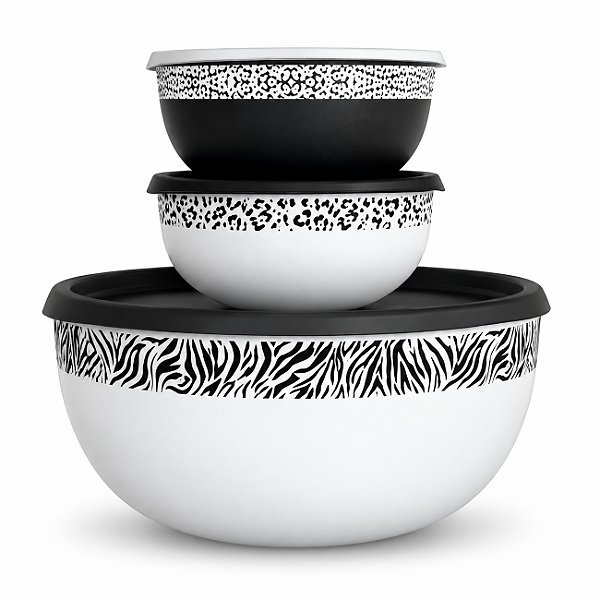 Kit Tupperware Tigela Toque Magico Feras Branco e Preto 3 peças