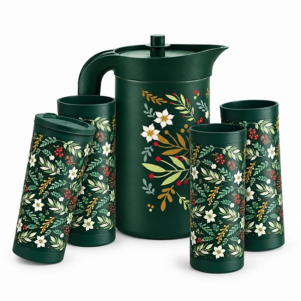 Kit Tupperware A Jarra Ilúmina + Copos Folhas de Ouro Verde 5 peças