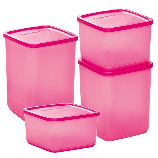 Tupperware Refri Line Quadrado Rosa kit 4 peças