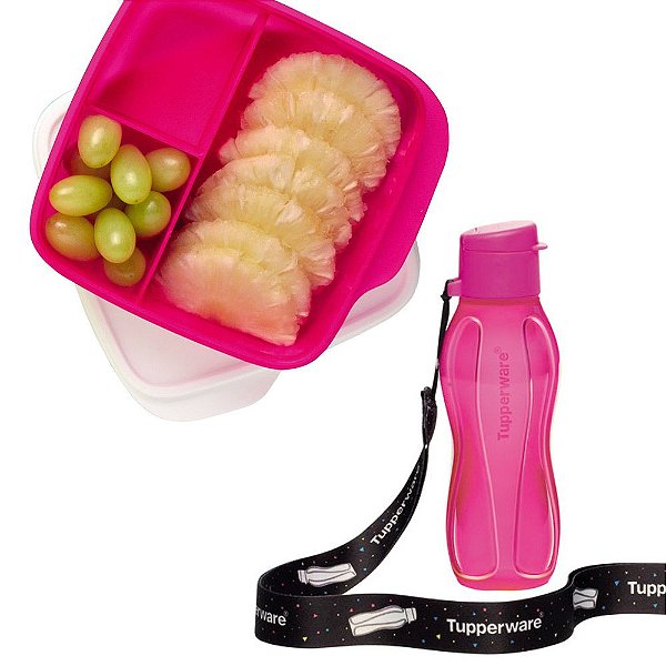 Tupperware Eco Tupper Plus 310ml + Basic Line com divisória 550ml Rosa Neon + Mega Cordão Eco