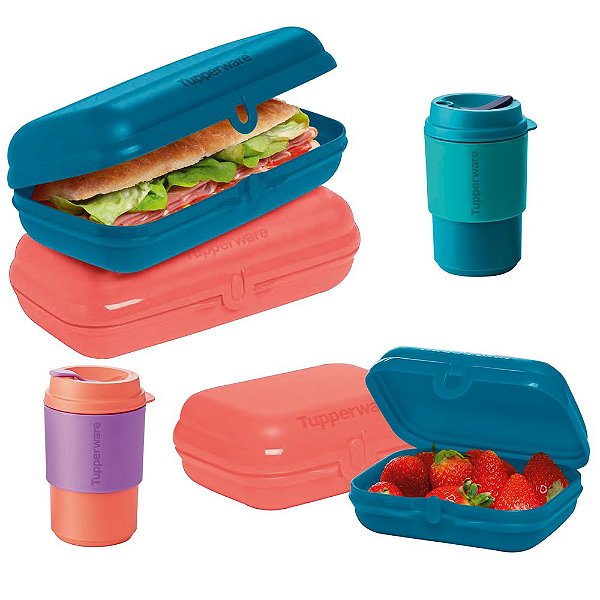 Tupperware Snack Pequeno e Grande + Copo para Viagem 350ml Kit 6 Peças