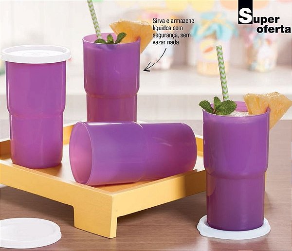 Tupperware Copo Colors 355ml Roxo tampa Branca Kit 4 peças