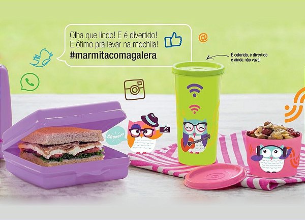 Tupperware Kit Coruja Porta Sanduíche + Copo + Potinho 3 peças