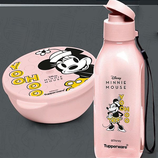 Garrafa Tupperware Eco Tupper Quadrada 500ml + Pote Redondo 300ml Minnie Retrô Kit 2 Peças