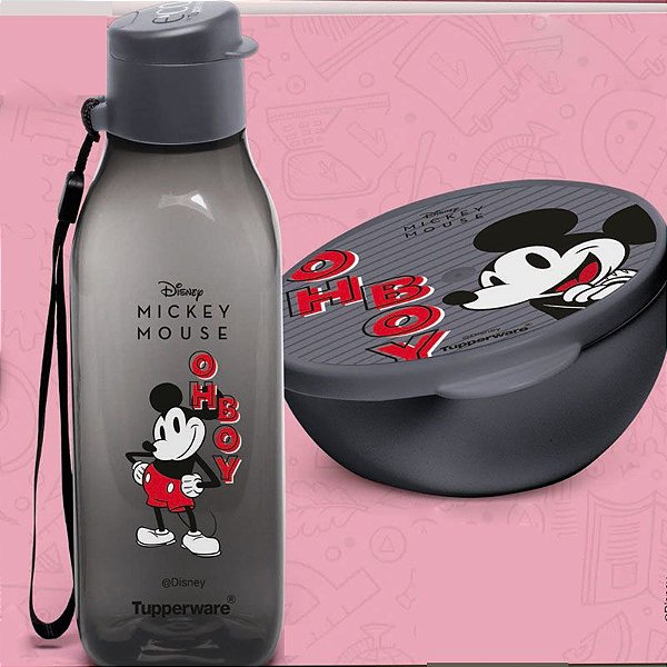 Garrafa Tupperware Eco Tupper Quadrada 500ml + Pote Redondo 300ml Mickey Retrô Kit 2 Peças