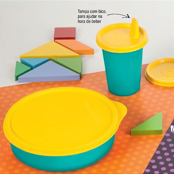 Tupperware Copinho + Pratinho Azul 550 ml Tampas Amarela Grátis Talheres