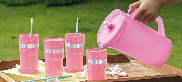 Tupperware Copos Colors Rosa Estampados + A Jarra Rosa Kit 5 Peças