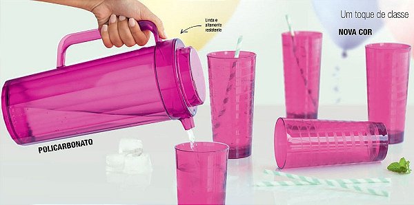 Tupperware Jarra Premier + Copos Íris Rosa kit 5 peças