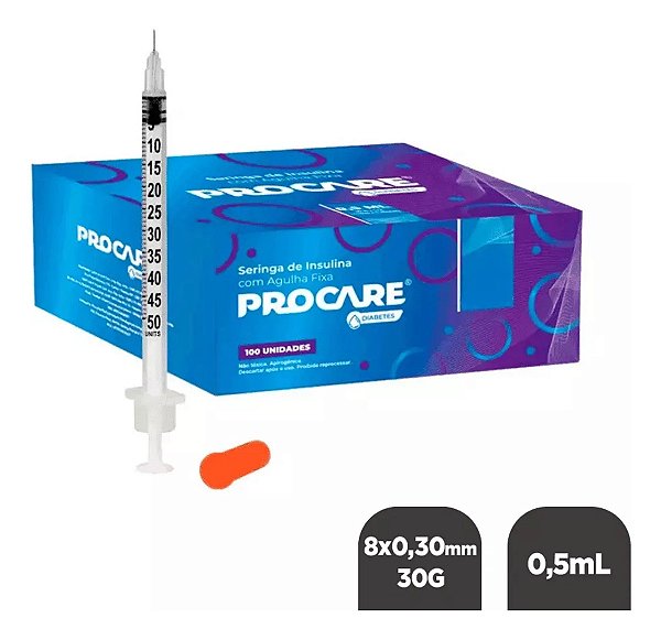 Seringa de Insulina Procare 0,5ml com agulha fixa 30G 08x0,30mm cx 100 Unidades