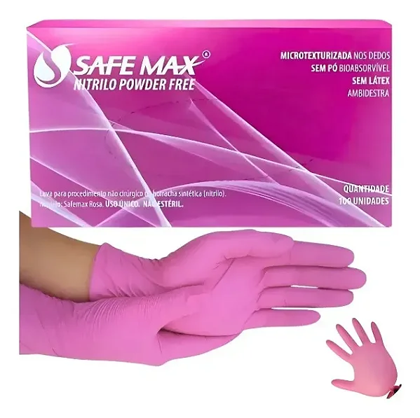 Luva De Procedimento Nitrilo Rosa Sem Pó Safemax By Supermax caixa 100 Unidades