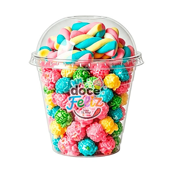 Copo pipoca colorida tampa bolha + marshmallow