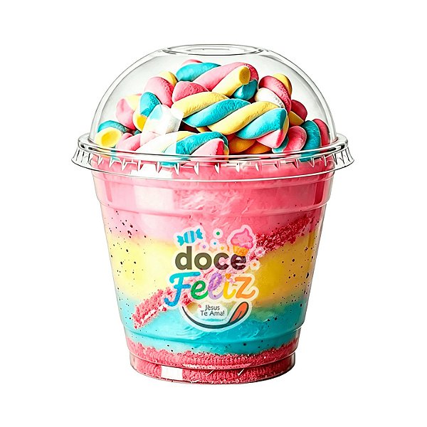 Copo algodão doce tampa bolha + marshmallow tricolor gourmet nesquik