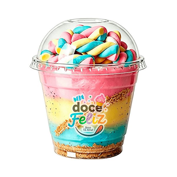 Copo algodão doce tampa bolha + marshmallow tricolor gourmet ovomaltine