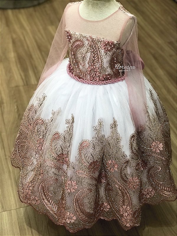 Vestido Infantil Daminha Paloma Rosé e Branco