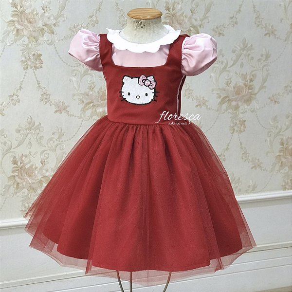 Vestido Infantil Hello Kitty Jardineira Vermelho e Rosa