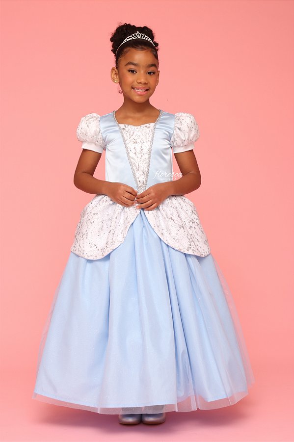 Vestido Infantil Princesa Cinderela Brilho Azul e Branco
