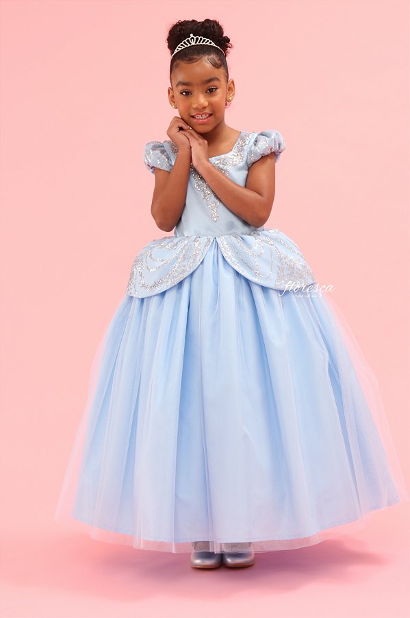 Vestido Infantil Princesa Cinderela Brilho Prata