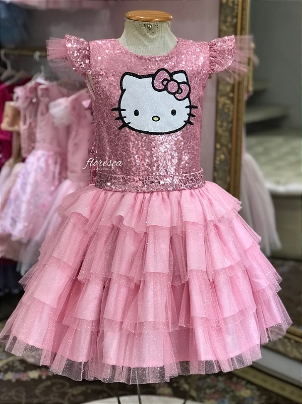 Vestido Infantil Hello Kitty Paetê Rosa