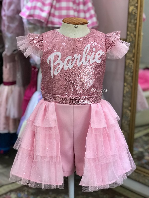 Macacão com Saia Aberta Infantil Barbie Rosa Paetê