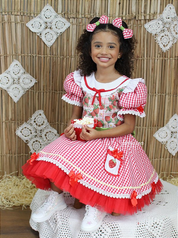 Vestido Infantil Festa Junina Morango do Amor