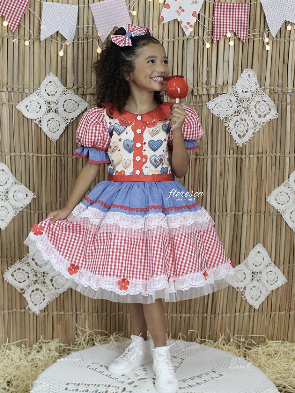 Vestido Infantil Festa Junina Coração Xadrez