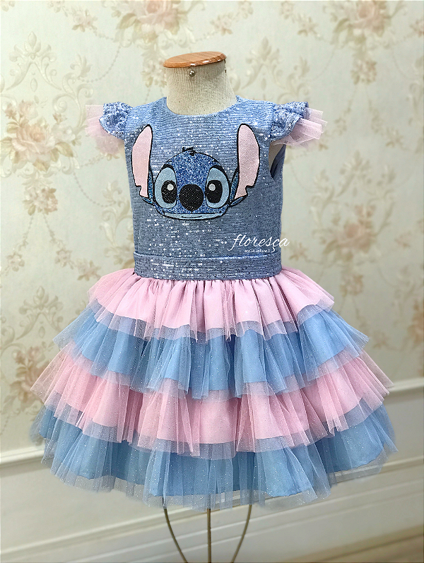 Vestido Infantil Stitch Azul e Rosa