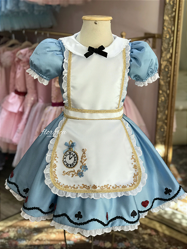 Vestido Infantil Alice no País das Maravilhas Bordado