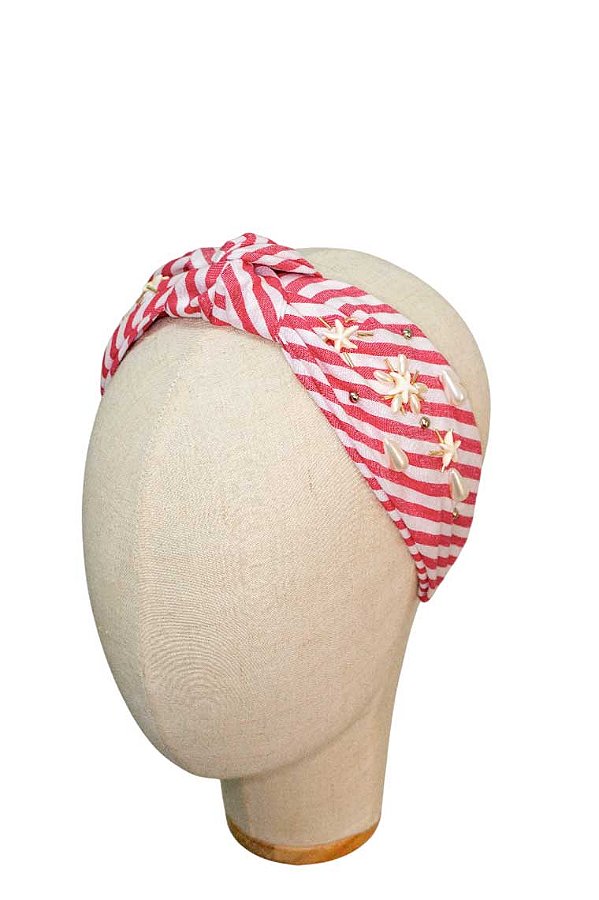 JC Tiara Turbante Navy Bordada Listrada Vermelha