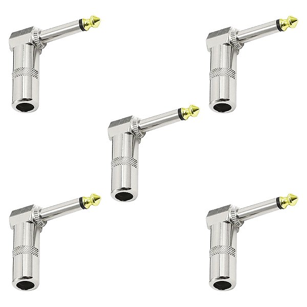 Kit 5 Plug P10 Mono 90 Graus Conector Metálico Ponta Dourada