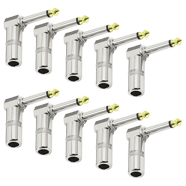 Kit 10 Plug P10 Mono 90graus Conector Metálico Ponta Dourada