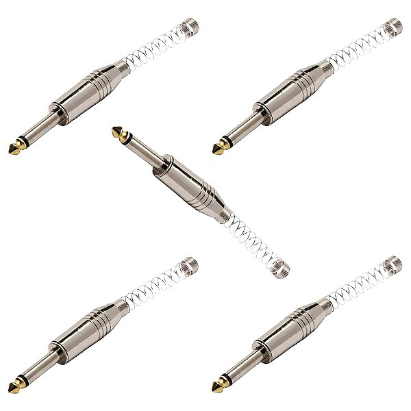 Kit 5 Plug P10 Mono Com Mola E Ponta Gold Audio Metal