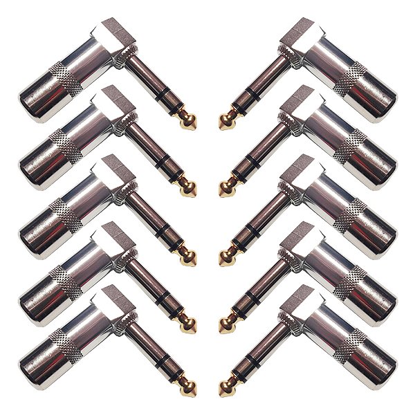 Kit 10 Conector Plug P10 Estereo 90 Graus Em L Áudio Vídeo