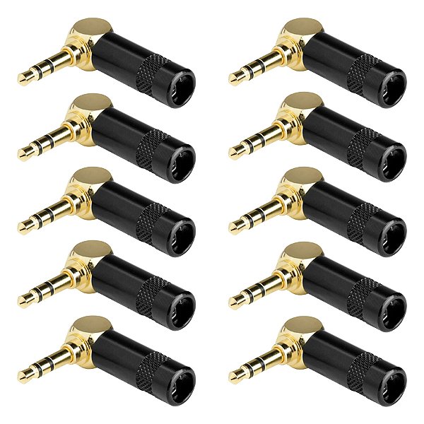 Kit 10 Conector P2 Gold Plug Estéreo 90 Graus Ponta Dourado