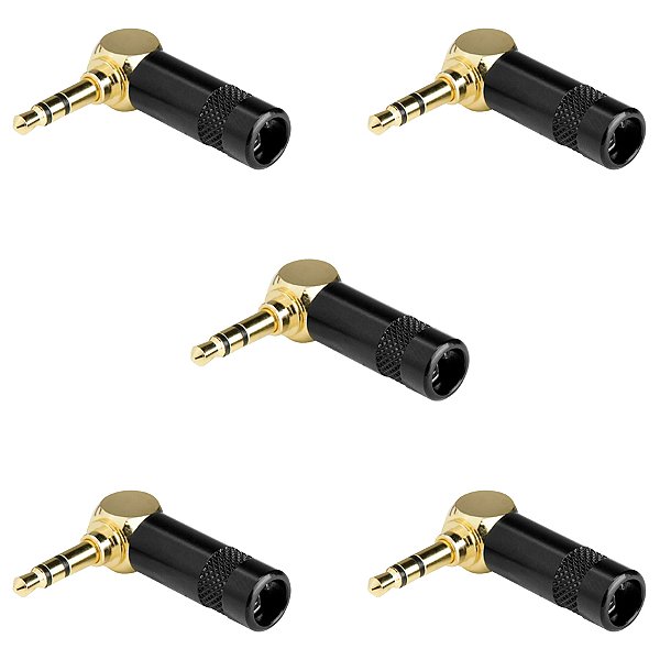 Kit 05 Conector P2 Gold Plug Estéreo 90 Graus Ponta Dourado