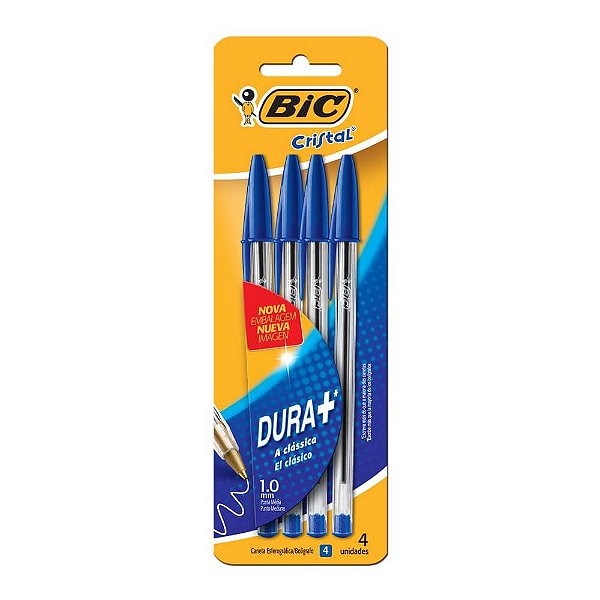 Caneta Esferográfica Bic Cristal Clássica Dura Mais 4 Un.