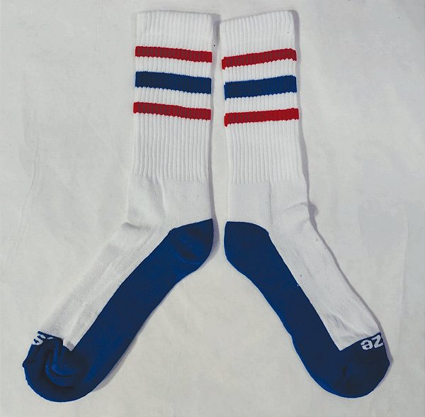 MEIA ESZE OLD SCHOOL BRANCO FAIXAS AZUL E VERMELHO