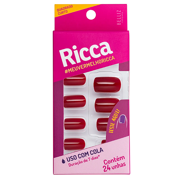 Kit 24 Unhas Postiças Autoadesivas Cor Vermelho Bordô - Ricca