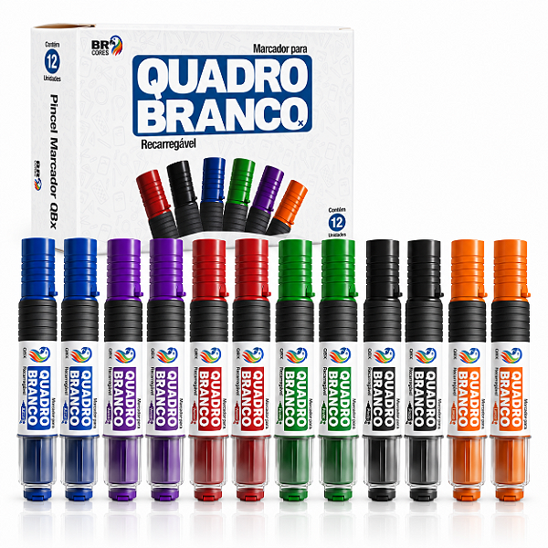 Caixa com 12 Marcadores BR Cores QBX Recarregáveis para Quadro Branco – 6 Cores Sortidas