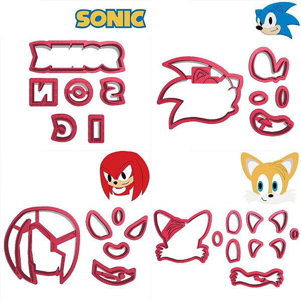 Kit 4 Cortadores Sonic Raposa Tails Knuckles Logo Top - Doce