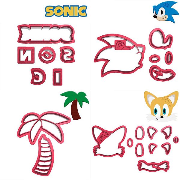 Kit 4 Cortadores Sonic Coqueiro Raposa Tails Logo Top